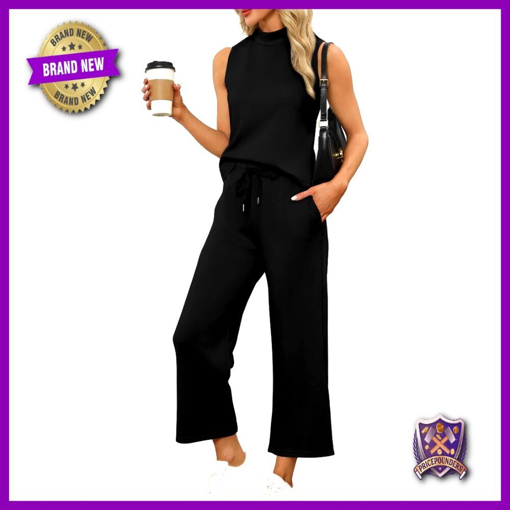 Mock Neck Sleeveless Top Wide Leg Crop Pants Two Piece Lounge Set
